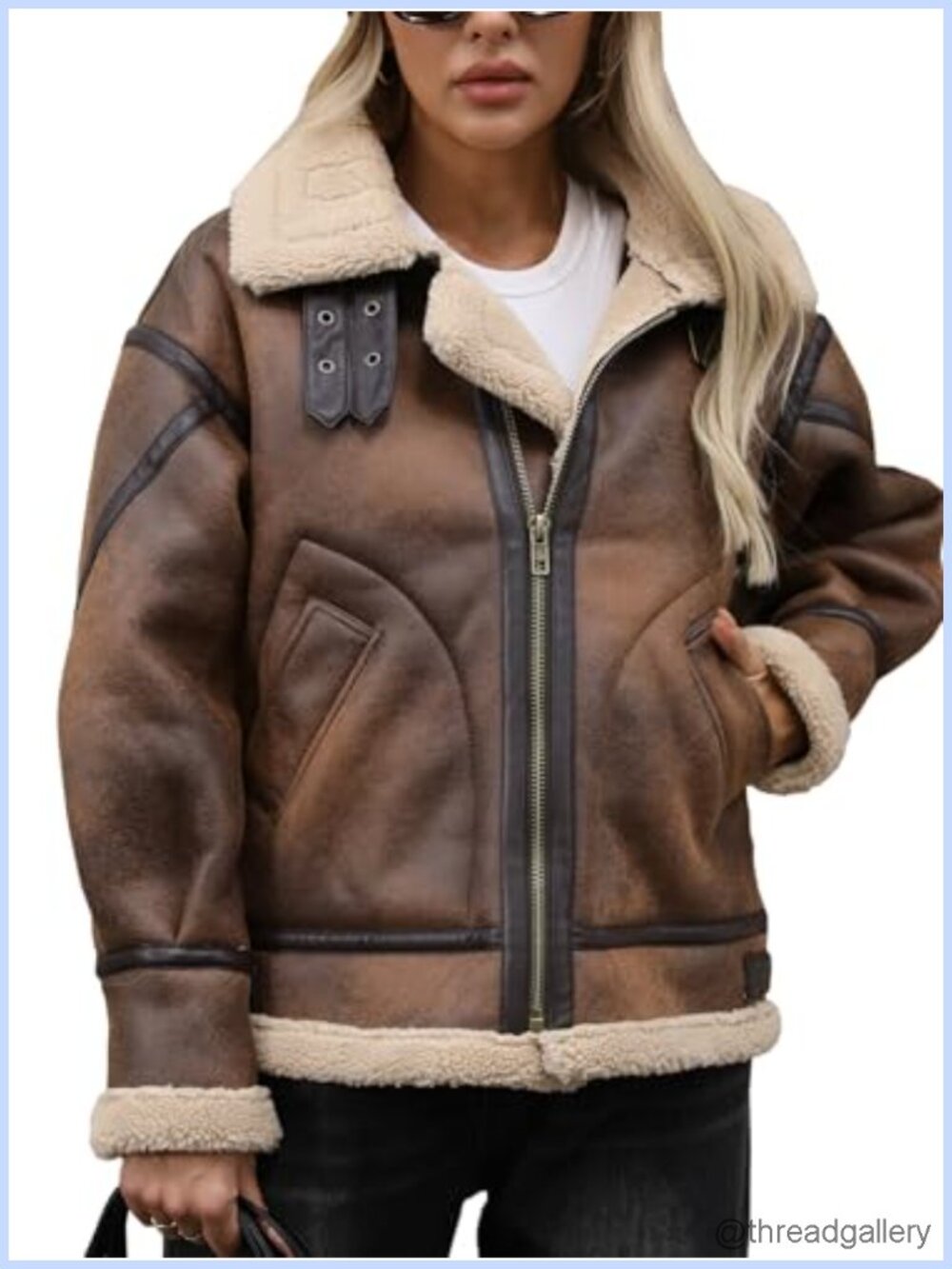 Women's Faux Leather Aviator Bomber Jacket with Sherpa Lining and Zipper